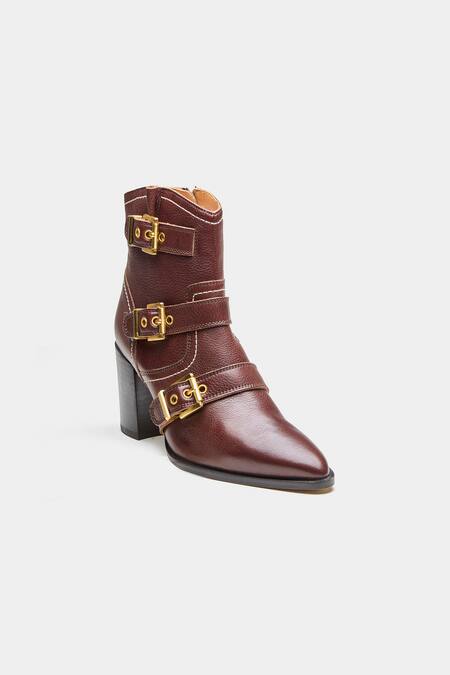 Buy_Oroh_Brown Buckles Teresa Detail Genuine Leather Ankle Boots _Online_at_Aza_Fashions