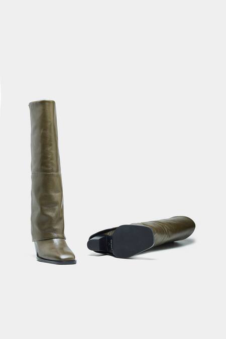 Oroh_Green Mia Genuine Leather Block Heel Long Boots _Online_at_Aza_Fashions