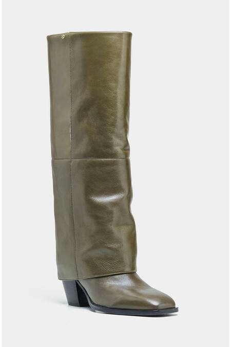 Buy_Oroh_Green Mia Genuine Leather Block Heel Long Boots _Online_at_Aza_Fashions