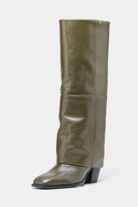 Shop_Oroh_Green Mia Genuine Leather Block Heel Long Boots _Online_at_Aza_Fashions