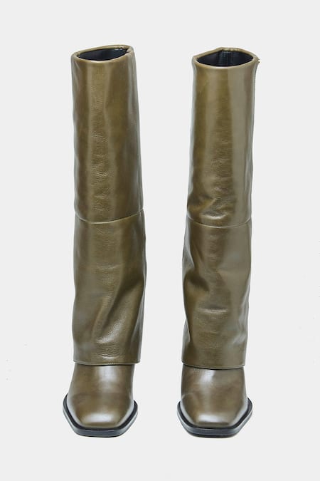 Oroh_Green Mia Genuine Leather Block Heel Long Boots _at_Aza_Fashions