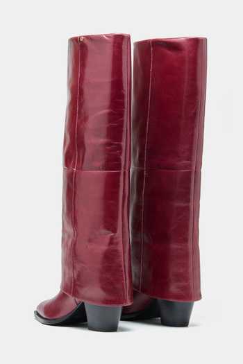 Shop Oroh Maroon Mia Genuine Leather Block Heel Long Boots at Aza Fashions Shop_Oroh_Maroon Mia Genuine Leather Block Heel Long Boots_at_Aza_Fashions