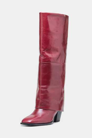 Buy Oroh Maroon Mia Genuine Leather Block Heel Long Boots Online at Aza Fashions Buy_Oroh_Maroon Mia Genuine Leather Block Heel Long Boots_Online_at_Aza_Fashions