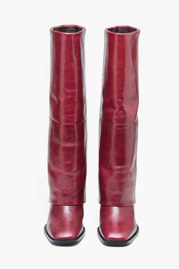 Oroh Maroon Mia Genuine Leather Block Heel Long Boots at Aza Fashions Oroh_Maroon Mia Genuine Leather Block Heel Long Boots_at_Aza_Fashions