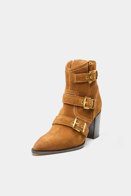 Oroh_Tan Buckles Teresa Detail Block Heel Ankle Boots _Online_at_Aza_Fashions