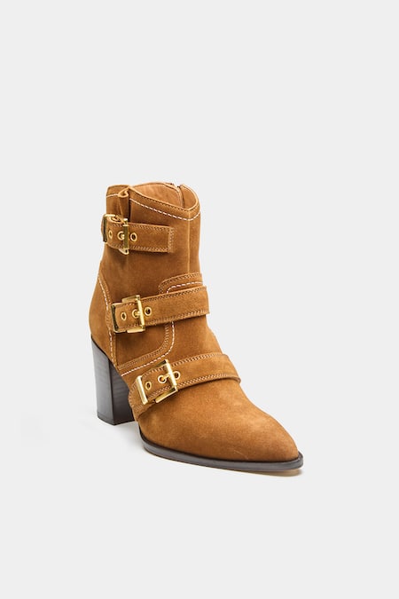 Buy_Oroh_Tan Buckles Teresa Detail Block Heel Ankle Boots _Online_at_Aza_Fashions