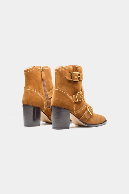 Shop_Oroh_Tan Buckles Teresa Detail Block Heel Ankle Boots _Online_at_Aza_Fashions