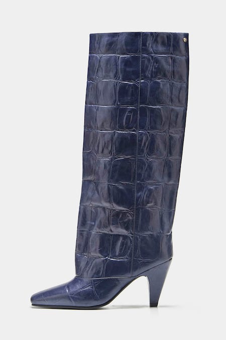 Oroh_Navy Patricia Midnight Crocodile Embossed Long Boots _at_Aza_Fashions