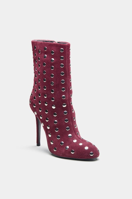Buy_Oroh_Maroon Studs Eliana Embellished Pencil Heel Ankle Boots _Online_at_Aza_Fashions