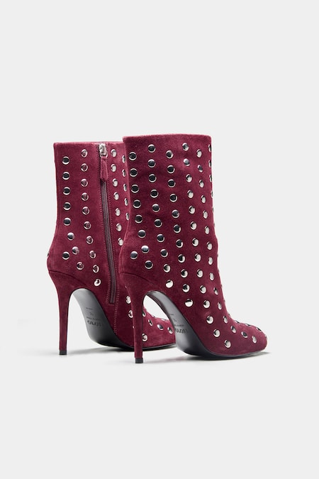 Shop_Oroh_Maroon Studs Eliana Embellished Pencil Heel Ankle Boots _Online_at_Aza_Fashions