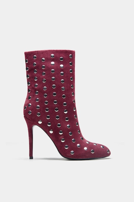 Buy_Oroh_Maroon Studs Eliana Embellished Pencil Heel Ankle Boots 