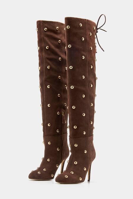 Buy_Oroh_Brown Studs Dolores Studded Knee High Boots _Online_at_Aza_Fashions