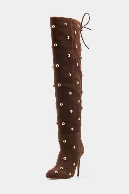 Shop_Oroh_Brown Studs Dolores Studded Knee High Boots _Online_at_Aza_Fashions
