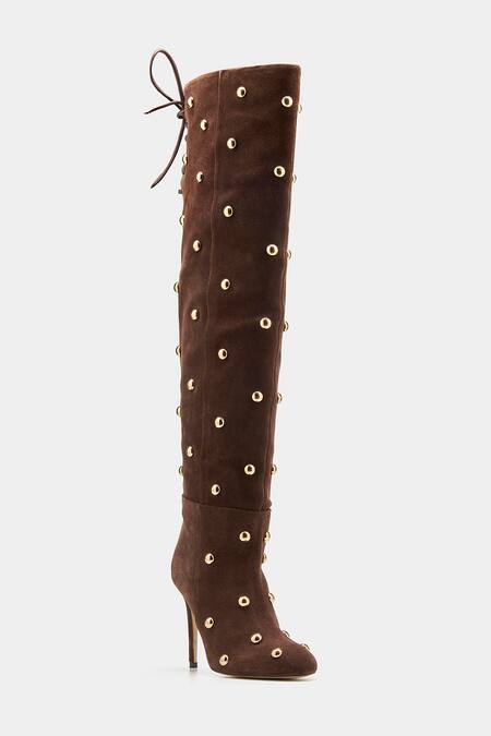 Oroh_Brown Studs Dolores Studded Knee High Boots _at_Aza_Fashions