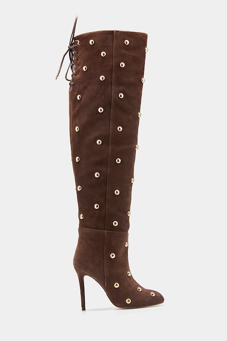 Shop_Oroh_Brown Studs Dolores Studded Knee High Boots 