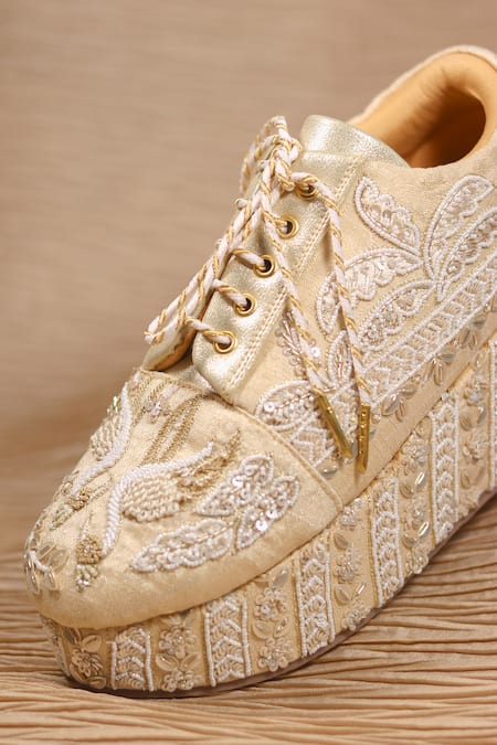Around Always_Gold Sequins, Embroidery, Beads Aranya Platform Sneaker Wedges _Online_at_Aza_Fashions