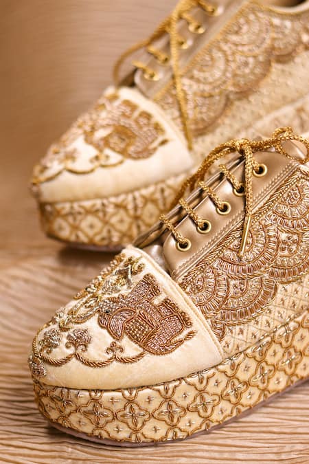 Buy_Around Always_Gold Goonj Elephant Floral Wedge Sneakers _Online_at_Aza_Fashions