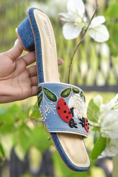 Around Always Blue Denim Ladybug And Floral Embroidered Flats Online at Aza Fashions Around Always_Blue Denim Ladybug And Floral Embroidered Flats _Online_at_Aza_Fashions