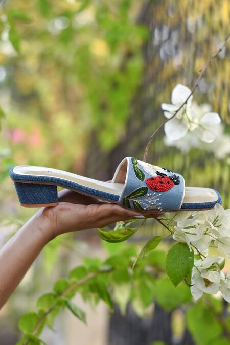 Buy Around Always Blue Denim Ladybug And Floral Embroidered Flats Online at Aza Fashions Buy_Around Always_Blue Denim Ladybug And Floral Embroidered Flats _Online_at_Aza_Fashions