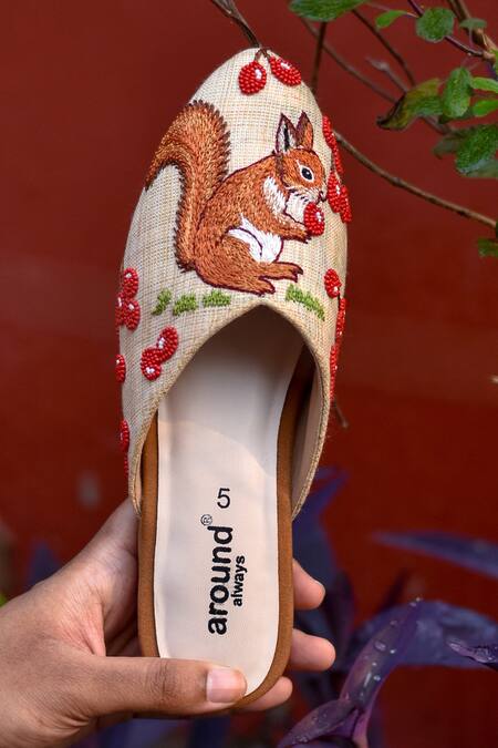 Around Always Brown Beads, Embroidery Squirrel Design Textured Open-back Mules Online at Aza Fashions Around Always_Brown Beads, Embroidery Squirrel Design Textured Open-back Mules _Online_at_Aza_Fashions
