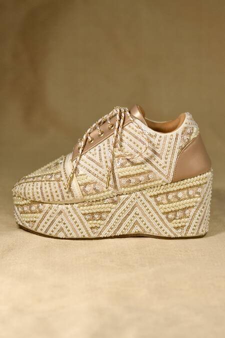 Around Always_Gold Gaatha Geometric Beadwork And Pearl Embroidered Sneaker Wedges _Online_at_Aza_Fashions