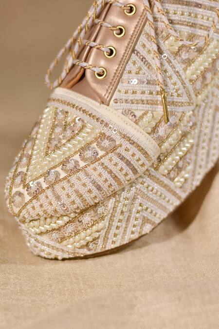 Buy_Around Always_Gold Gaatha Geometric Beadwork And Pearl Embroidered Sneaker Wedges _Online_at_Aza_Fashions