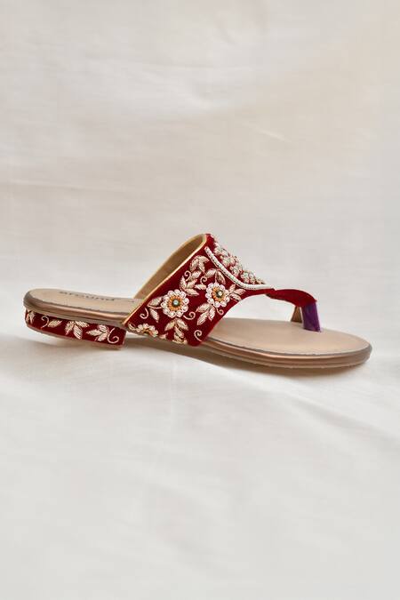 Buy Around Always Maroon Falguni Floral Embroidered Flats Online at Aza Fashions Buy_Around Always_Maroon Falguni Floral Embroidered Flats _Online_at_Aza_Fashions