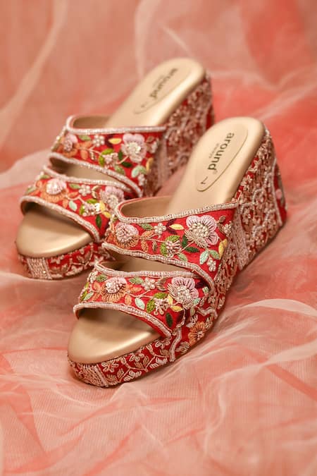Around Always Gulbarg Floral Thread & Zari Embroidered Wedges 