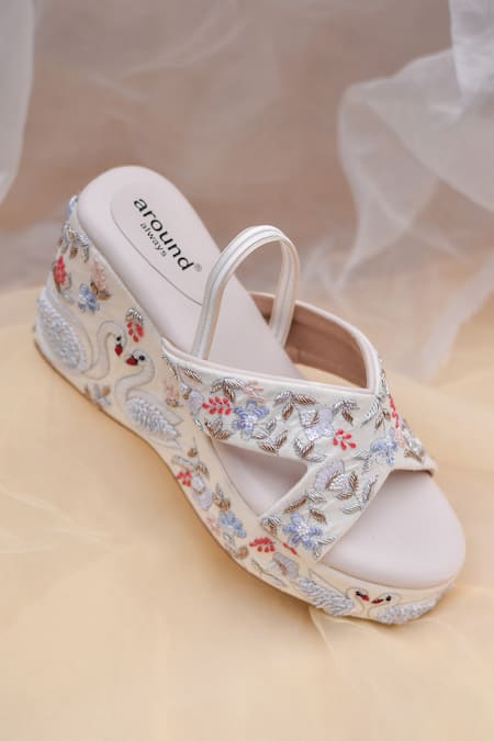 Around Always Cygnus Swan & Floral Embroidered Wedges 