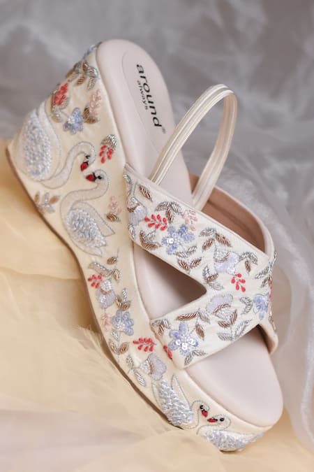 Around Always Cygnus Swan & Floral Embroidered Wedges 