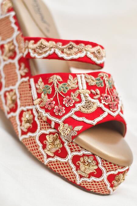 Around Always_Red Zari, Embroidery, Beads, Leela Peacock Motif Zardozi Handwork Bridal Wedges _Online_at_Aza_Fashions