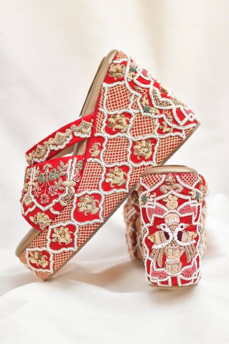 Buy_Around Always_Red Zari, Embroidery, Beads, Leela Peacock Motif Zardozi Handwork Bridal Wedges _Online_at_Aza_Fashions