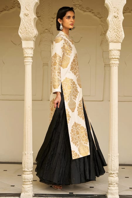 Dash And Dot_Ivory Brocade, Silk, Shantoon, Polyester Zari Jacket And Crushed Skirt Set _Online_at_Aza_Fashions