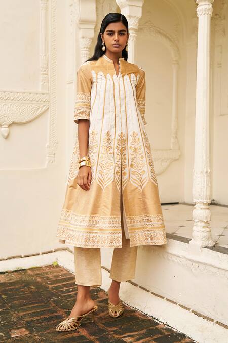 Buy_Dash And Dot_Ivory Brocade, Silk, Linen Embroidery, Metallic Banaras Jacket And Pant Set _Online_at_Aza_Fashions