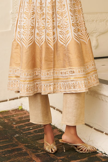 Shop_Dash And Dot_Ivory Brocade, Silk, Linen Embroidery, Metallic Banaras Jacket And Pant Set 