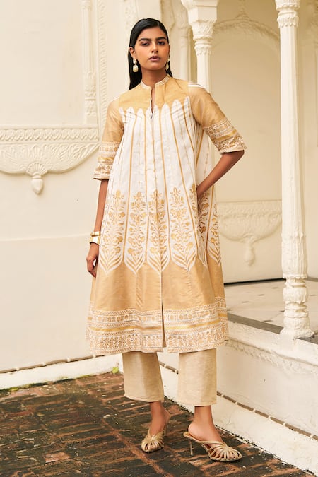 Dash And Dot Banaras Silk Brocade Jacket & Linen Pant Set 