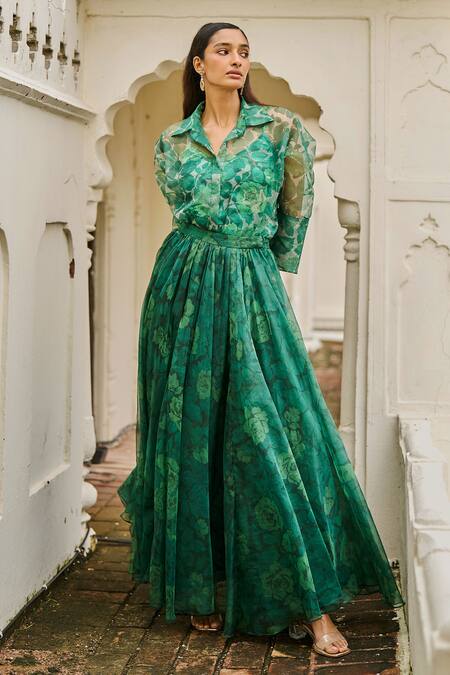 Shop_Dash And Dot_Emerald Green Organza Printed Maxi Skirt _Online_at_Aza_Fashions