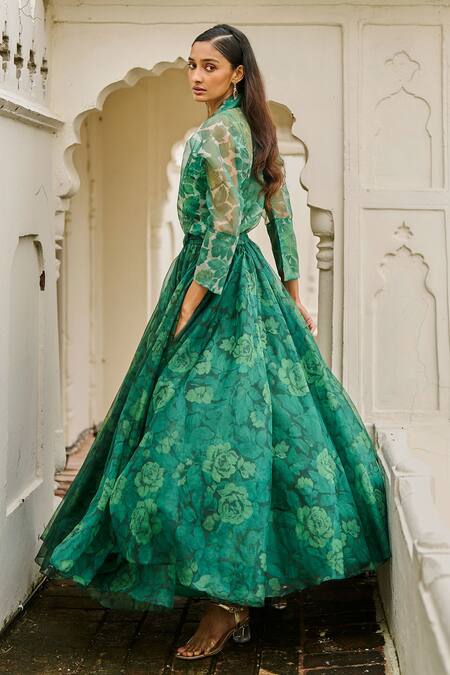 Dash And Dot_Emerald Green Organza Printed Maxi Skirt _at_Aza_Fashions