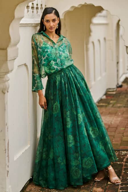 Dash And Dot Emerald Green Viscose, Brocade, Silk Collared Printed Organza Maxi Skirt Set Online at Aza Fashions Dash And Dot_Emerald Green Viscose, Brocade, Silk Collared Printed Organza Maxi Skirt Set _Online_at_Aza_Fashions