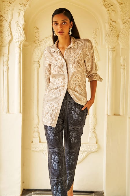 Shop Dash And Dot Beige Cotton, Lurex, Polyester Collared Mughal Print Shirt Online at Aza Fashions Shop_Dash And Dot_Beige Cotton, Lurex, Polyester Collared Mughal Print Shirt _Online_at_Aza_Fashions