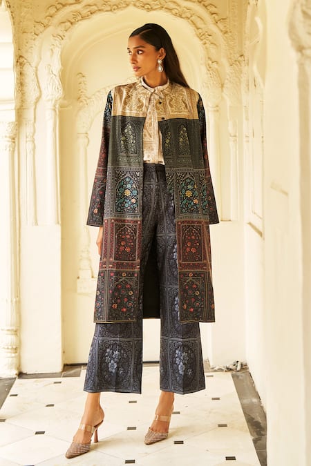 Dash And Dot Black Brocade, Viscose Mandarin Collar Mughal Print Longline Jacket at Aza Fashions Dash And Dot_Black Brocade, Viscose Mandarin Collar Mughal Print Longline Jacket _at_Aza_Fashions