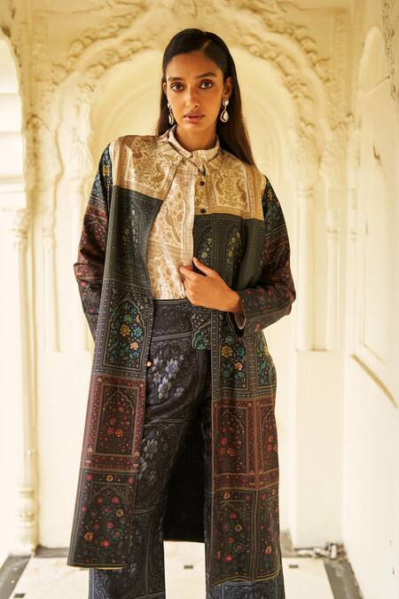 Buy Dash And Dot Black Cotton, Lurex, Polyester Mandarin Collar Mughal Print Longline Jacket Set Buy_Dash And Dot_Black Cotton, Lurex, Polyester Mandarin Collar Mughal Print Longline Jacket Set