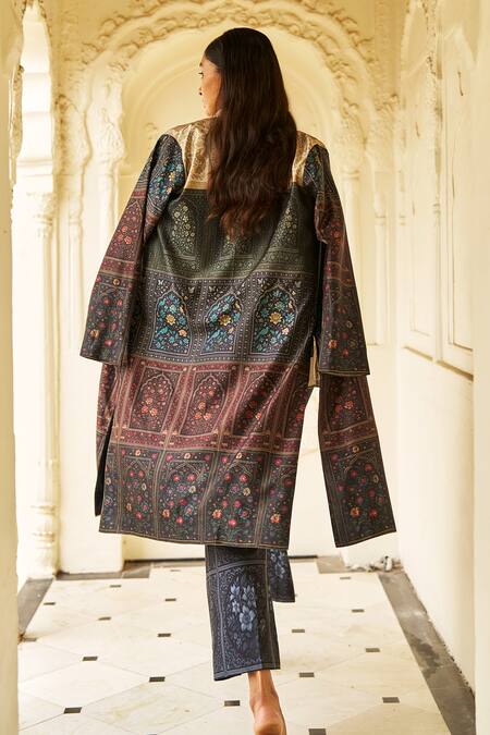 Dash And Dot Multi Color Brocade, Silk, Polyester Collared Mughal Print Jacket Set at Aza Fashions Dash And Dot_Multi Color Brocade, Silk, Polyester Collared Mughal Print Jacket Set _at_Aza_Fashions