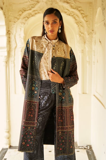 Buy Dash And Dot Multi Color Brocade, Silk, Polyester Collared Mughal Print Jacket Set Buy_Dash And Dot_Multi Color Brocade, Silk, Polyester Collared Mughal Print Jacket Set