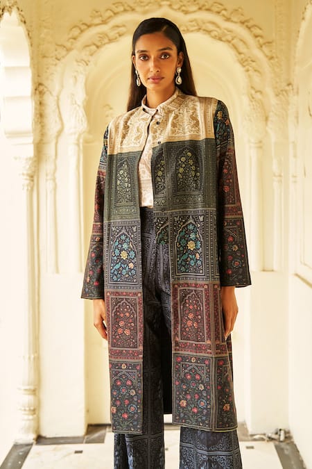 Shop Dash And Dot Multi Color Brocade, Silk, Polyester Collared Mughal Print Jacket Set Shop_Dash And Dot_Multi Color Brocade, Silk, Polyester Collared Mughal Print Jacket Set