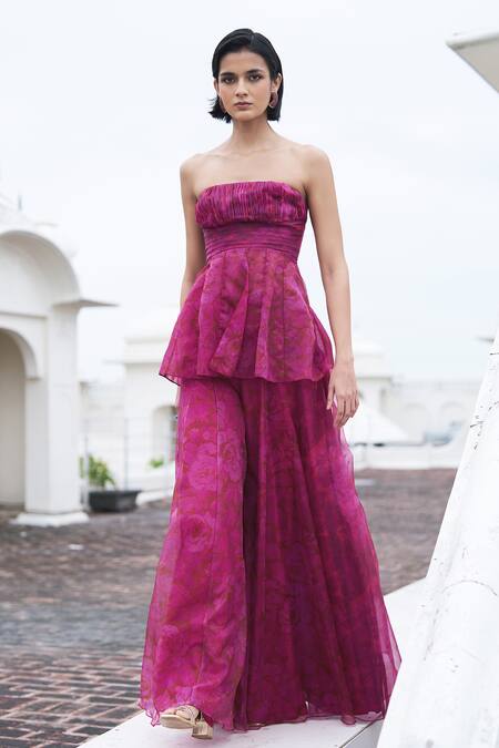 Dash And Dot_Fuchsia Organza Off-shoulder, Bandeau Neck Floral Print Peplum Top _Online_at_Aza_Fashions