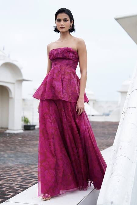 Dash And Dot_Fuchsia Organza Floral Print Flared Pant _Online_at_Aza_Fashions