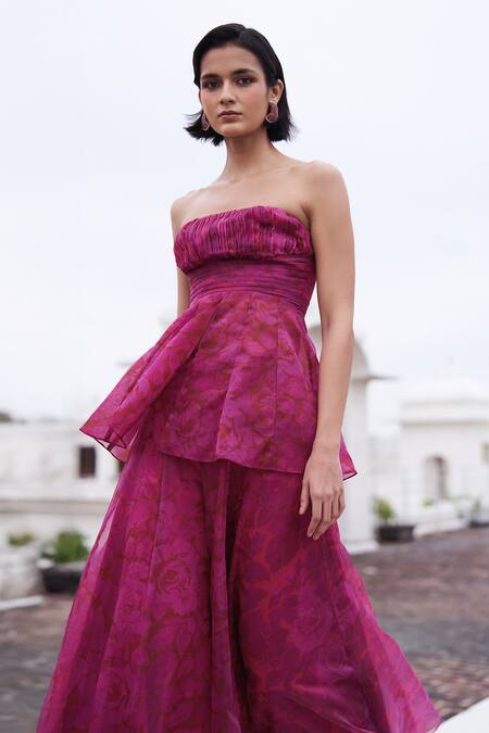 Buy_Dash And Dot_Fuchsia Organza Floral Print Flared Pant _Online_at_Aza_Fashions