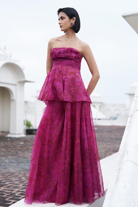 Dash And Dot_Fuchsia Linen, Silk Bandeau Neck Floral Print Peplum Set _Online_at_Aza_Fashions