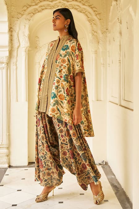 Dash And Dot_Beige Bemberg Embroidery, Metallic Thread Mandarin Collar Garden Print Tunic _Online_at_Aza_Fashions